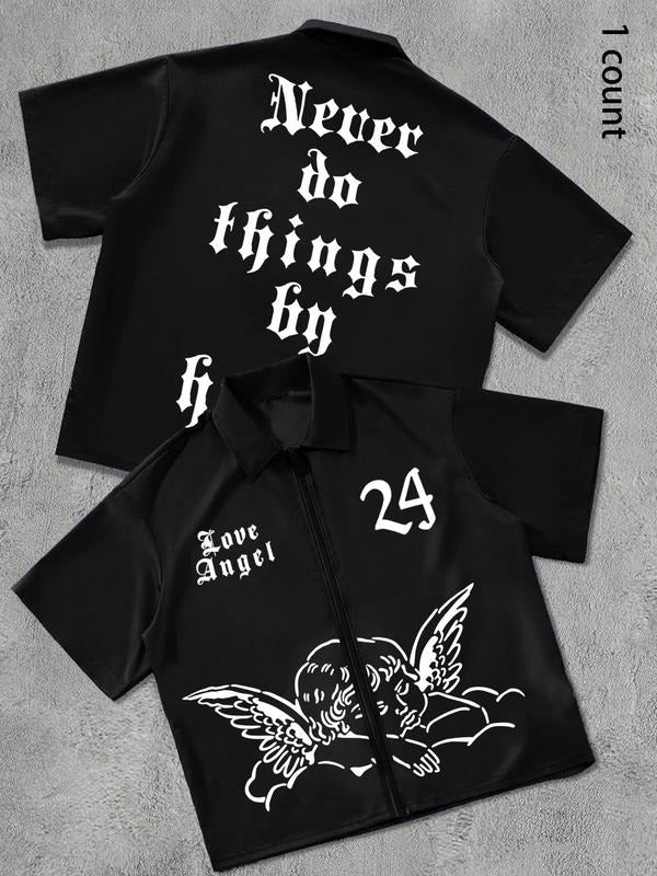 Men's Angel Print Short Sleeve Graphic Shirt, Regular Fit Casual Fashion T-shirt for Summer, Men's Top for Daily Wear, Tropical