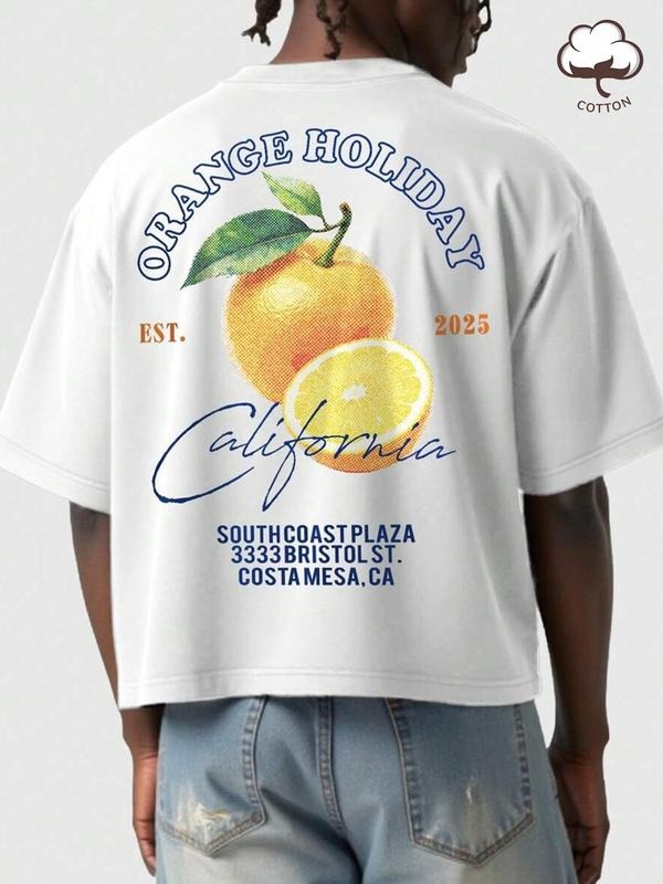 Men's Cartoon Orange Graphic Print Round Neck Tee, Regular Fit Casual Short Sleeve T-shirt, Men's Summer Top for Daily Wear, Tropical, Cotton