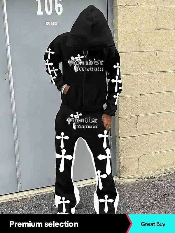 Men's Cross Print Zip Up Longsleeves Hoodie & Drawstring Waist Pants, Loose Fashion Casual Pocket Hooded Sweatshirt & Trousers for Daily Outdoor Wear, Graphic Sweatsuit Sets for Men, Men's 2 Piece Set, Long Sleeve Clothes, Menswear