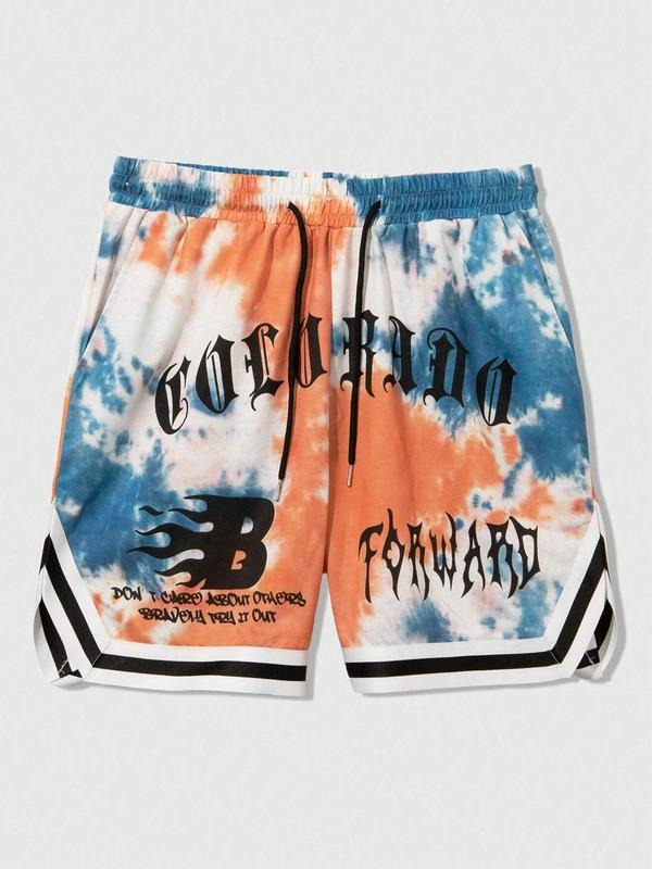 Men's Fire & Letter Print Tie Dye Shorts, Regular Fit Casual Comfy Graphic Shorts for Summer, Men's Bottoms for Daily Wear