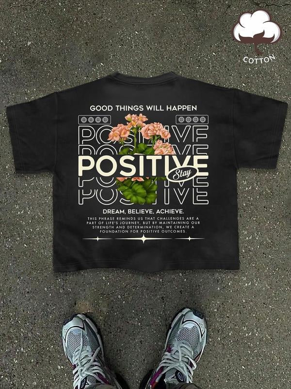 Men's Letter & Floral Print Round Neck Graphic Tee, Regular Fit Casual Short Sleeve T-shirt for Summer, Men's Top for Daily Wear, Tropical, Cotton