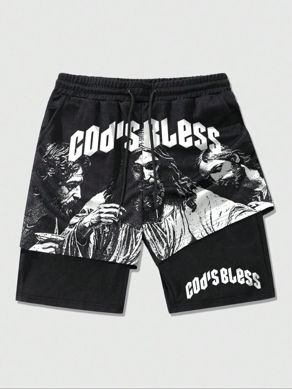 Men's Letter & Jesus Print Shorts, Regular Fit Casual Fashion Graphic Shorts for Summer, Men's Bottoms for Daily Wear