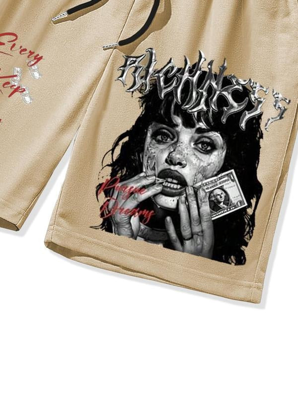 Men's Letter Print Short Sleeve Graphic Tee & Track Shorts Two-Piece Set, Regular Fit Casual Round Neck T-shirt & Sweatshorts, Summer Outfits Clothes Set for Men, Cotton