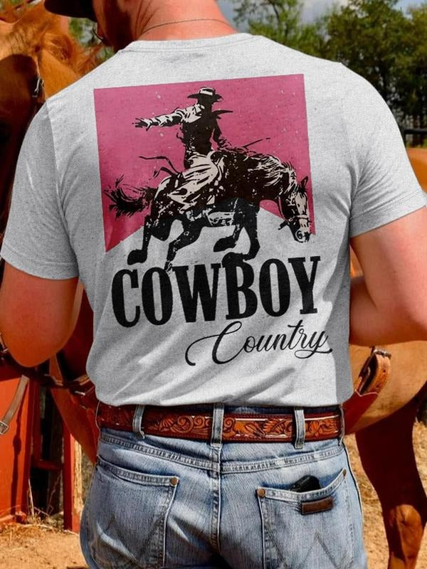 Men's Regular Fit Cowboy Vintage Graphic Print Round Neck Tee, Casual Short Sleeve T-shirt for Daily Wear, Men's Top for Summer, Tropical