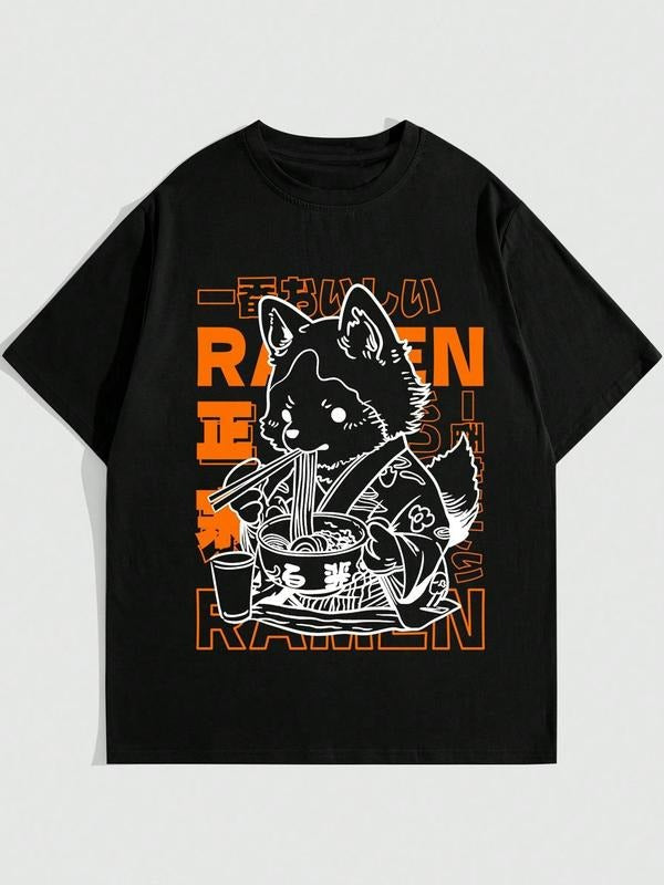 Men's Regular Fit Ramen Graphic Print Round Neck Tee, Casual Short Sleeve T-shirt for Summer, Men's Top for Daily Wear, Tropical