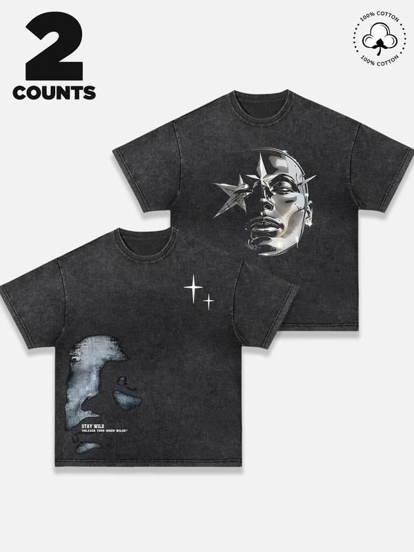 Men's Star & Moon Print Short Sleeve Graphic Tee, Regular Fit Casual Round Neck T-shirt for Summer, Men's Top for Daily Wear, Tropical