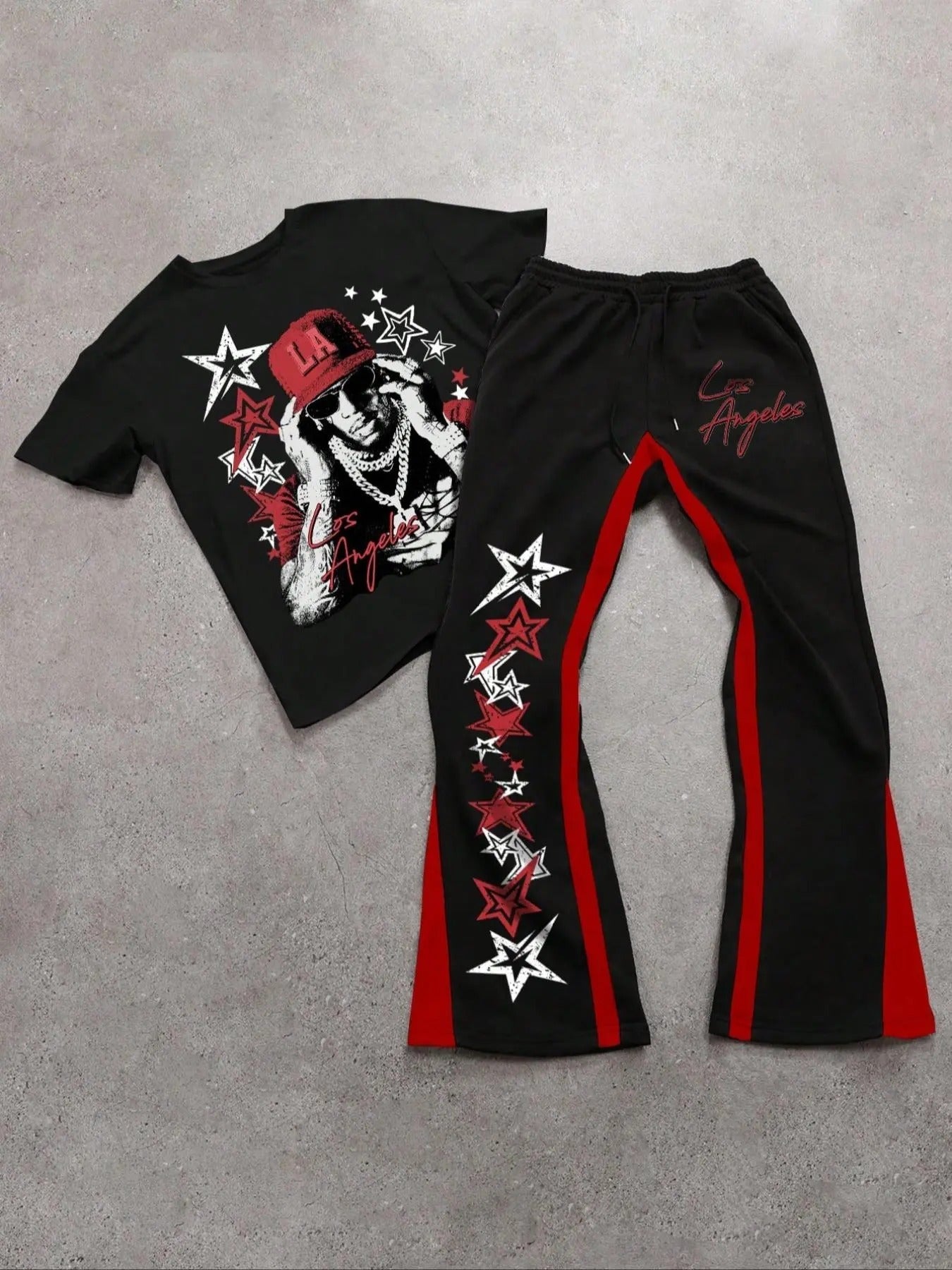 Men's Street Style Graphic Print Crew Neck Crop Tee & Drawstring Waist Pants Two-piece Set, Regular Fit Street Fashion Casual Round Neck Short Sleeve T-shirt & Pocket Flare Leg Trousers for Daily Wear, Men's Outfits for All Seasons