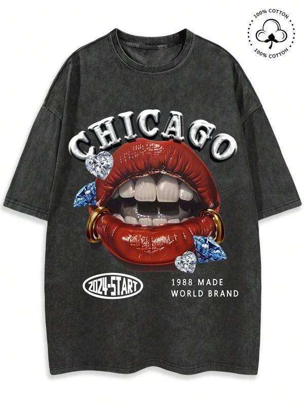 Men's Vintage Chicago Graphic Print Round Neck Tee, Casual Fashion Short Sleeve T-shirt for Summer, Men's Top for Daily Wear, Tropical, Cotton