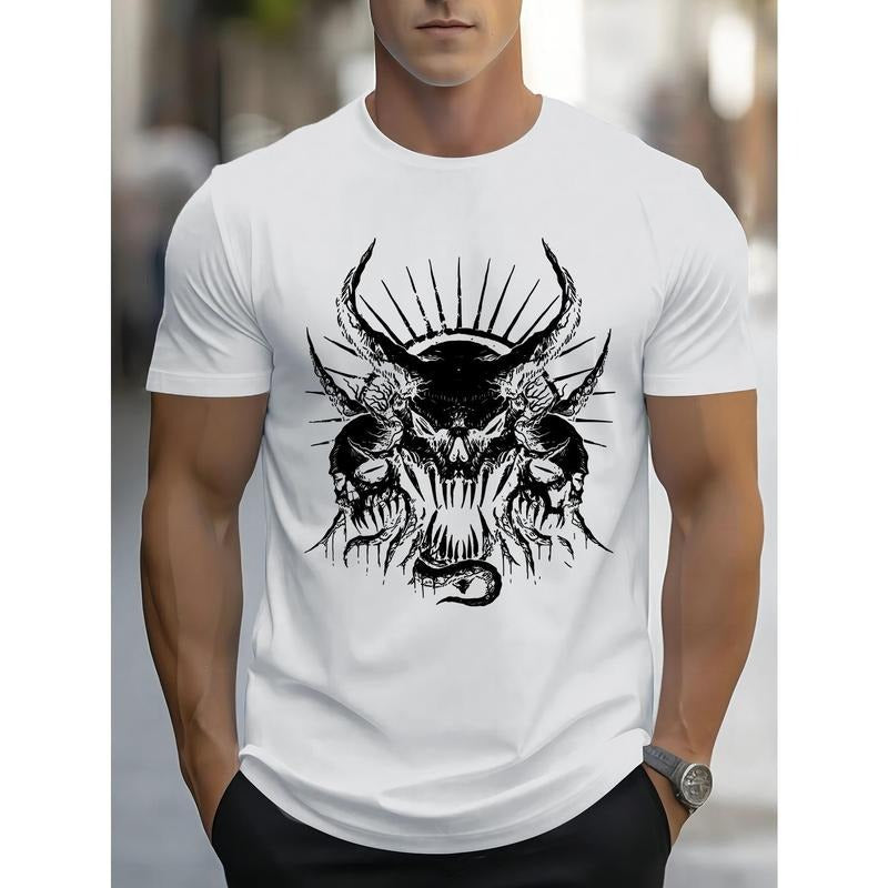 Men's Vintage-Inspired Skull Graphic T-Shirt - Casual & Sporty, Round Neck, Short Sleeve, Breathable Blend, Machine Washable - Perfect for Summer Made in USA
