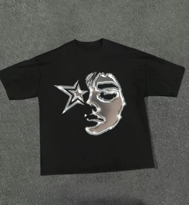 Men's Y2K Graphic Cotton T-Shirt - Soft Crew Neck Tee with Artistic Star & Face Design, Casual Summer Style, 100% Cotton, Comfortable Apparel, Y2K Fashion Tee