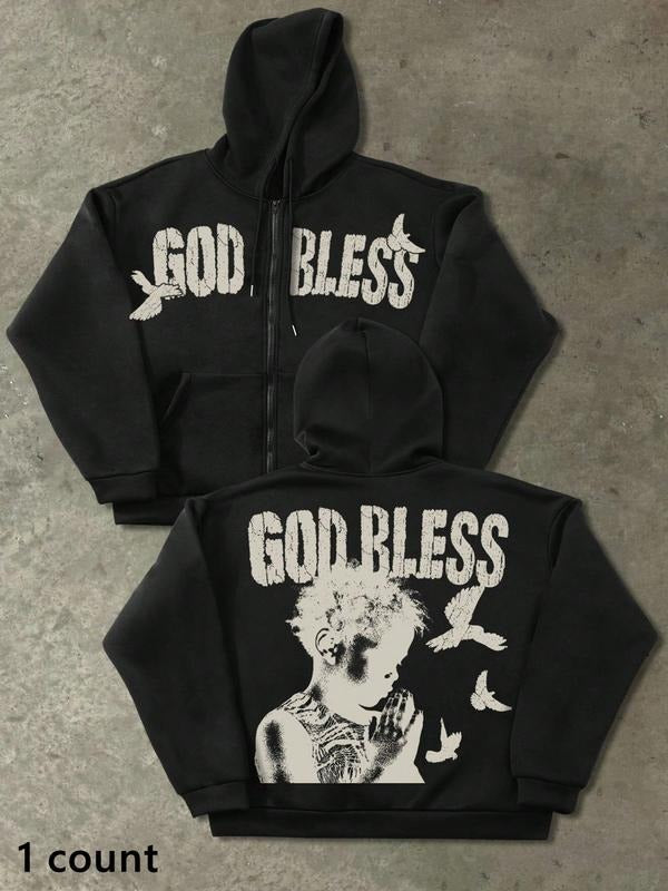 Men's Zip-Up Hoodie Sweatshirt, Black, Casual Vintage American Style, "God Bless" Slogan & Praying Hand Print, Retro Streetwear, Suitable For Spring, Autumn And Winter, Versatile