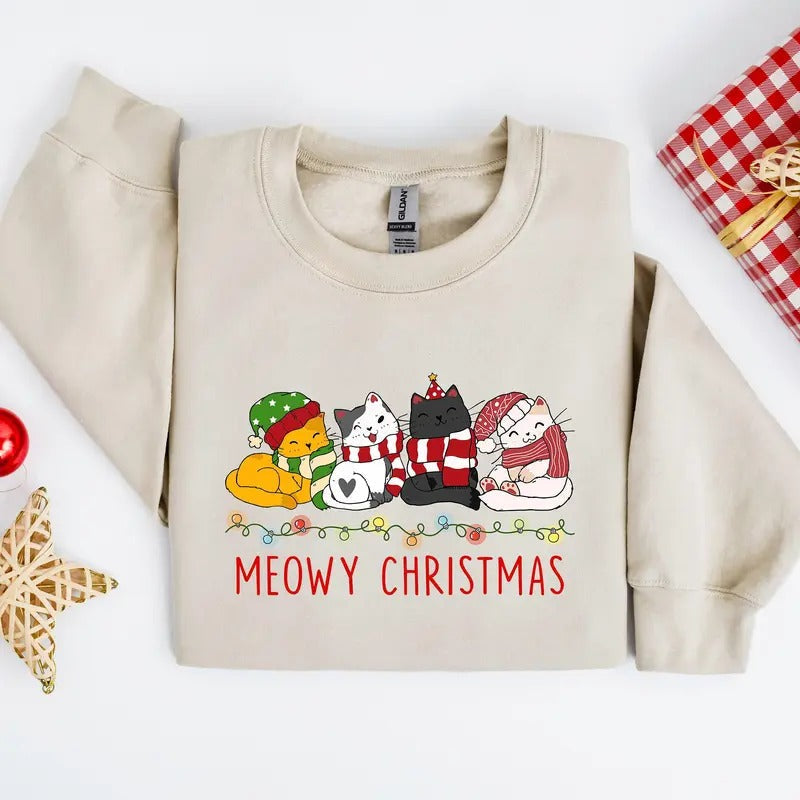 Meowy Christmas Sweatshirt for Cat Lovers, Loose Fit Pullover with Cats Design, Funny Cat Christmas Shirt - Fabric
