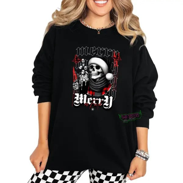 Merry As F ck Skeleton Santa Long Sleeve Crewneck Sweatshirt, Hoodie, or TShirt | Grunge, Dark, Edgy, Christmas Skeleton Graphic Pullover