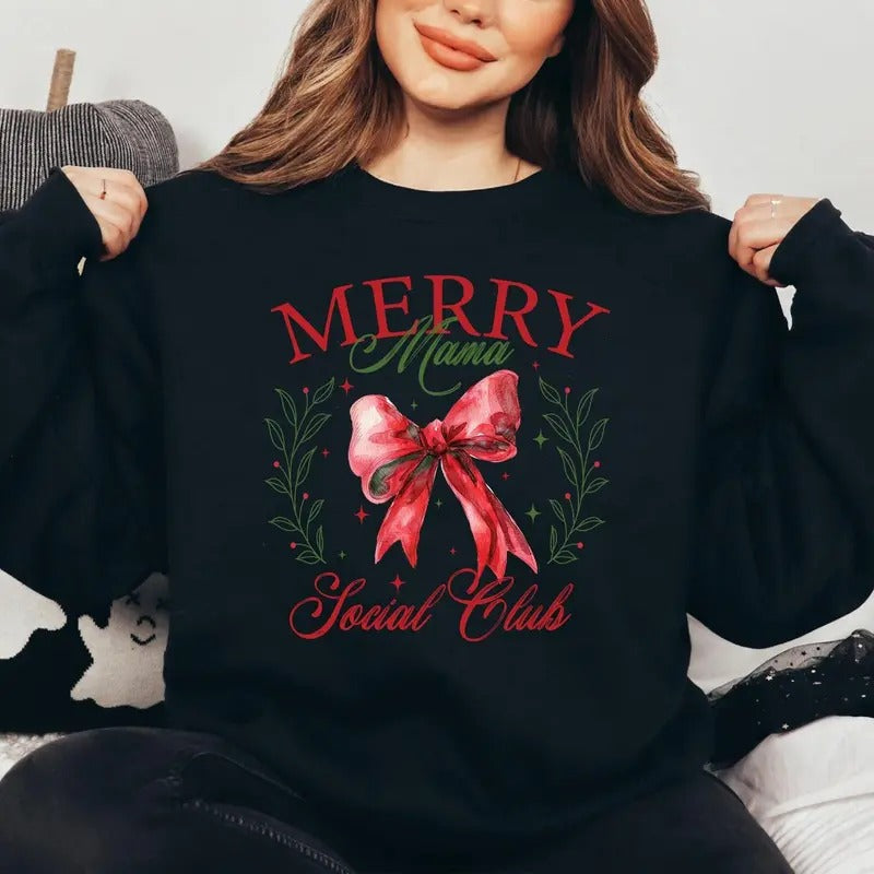 Merry Mama Social Club Shirt, Vintage Coquette Bow Sweatshirt, Christmas Mama Hoodie, Holiday Season, Gift For Christmas, Cute Christmas Tee