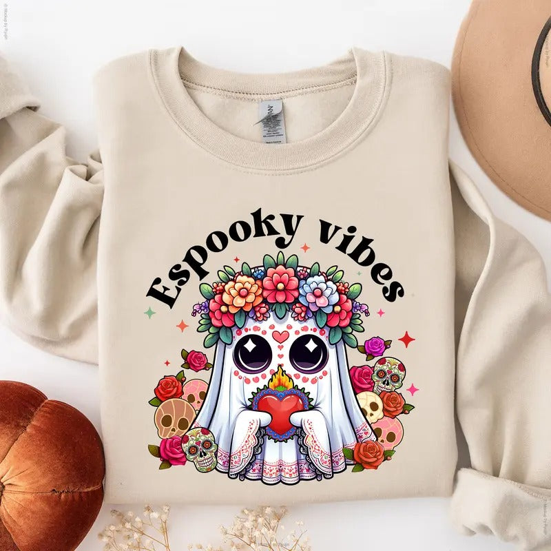 Mexican Halloween Espooky Vibes Mexico Ghost Sweatshirt, Aqui Espantan Concha Ghost T-shirt, Trendy Hispanic Halloween Spooky Season Unisex Classic T-Shirts in All Sizes All Color for Women for Men