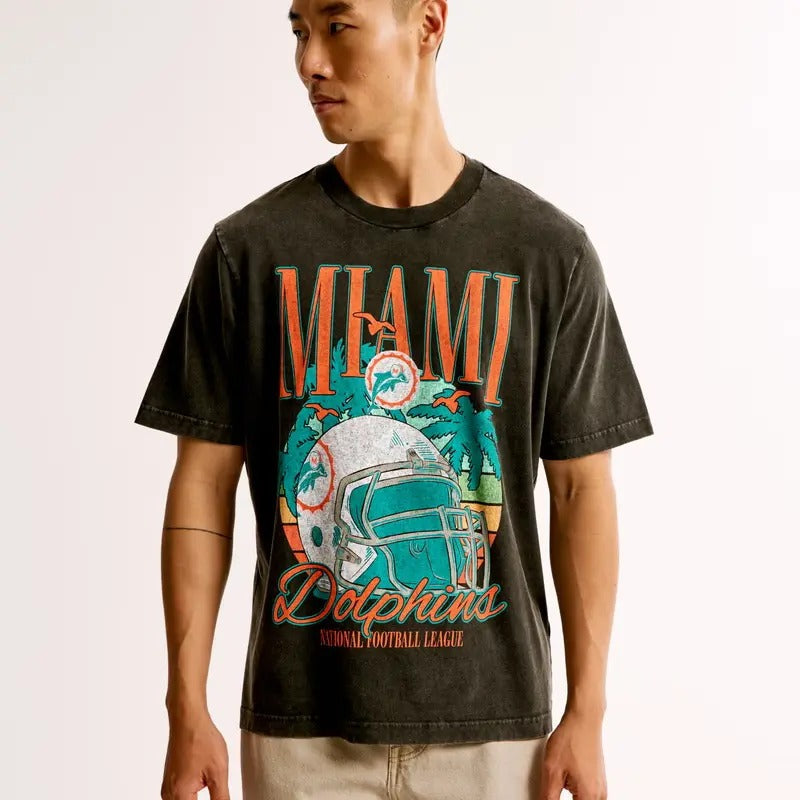 Miami Dollphins Vintage-Inspired Graphic Tee Streetwear Cotton Top Tshirt