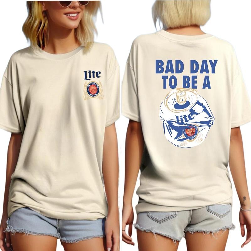 Miller Lite x Bad Day to Be a Beer Graphic Tees for Men, Funny Cotton Shirt with Beer Can Design, Trendy Casual Apparel Gift