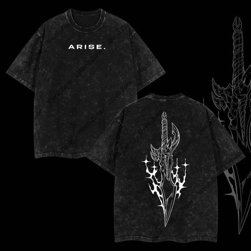 Mineral Wash  "Arise" Sung Jin Woo Solo Leveling Anime Double Printed Oversize Lightweight Washed Graphic Tee, Gift For Anime Fan
