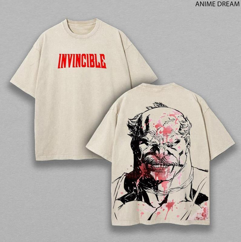Mineral Wash  Conquest Invincible Anime Double Printed Vintage Washed Tee Unisex Oversize Heavyweight Cotton TShirt For Anime Fans