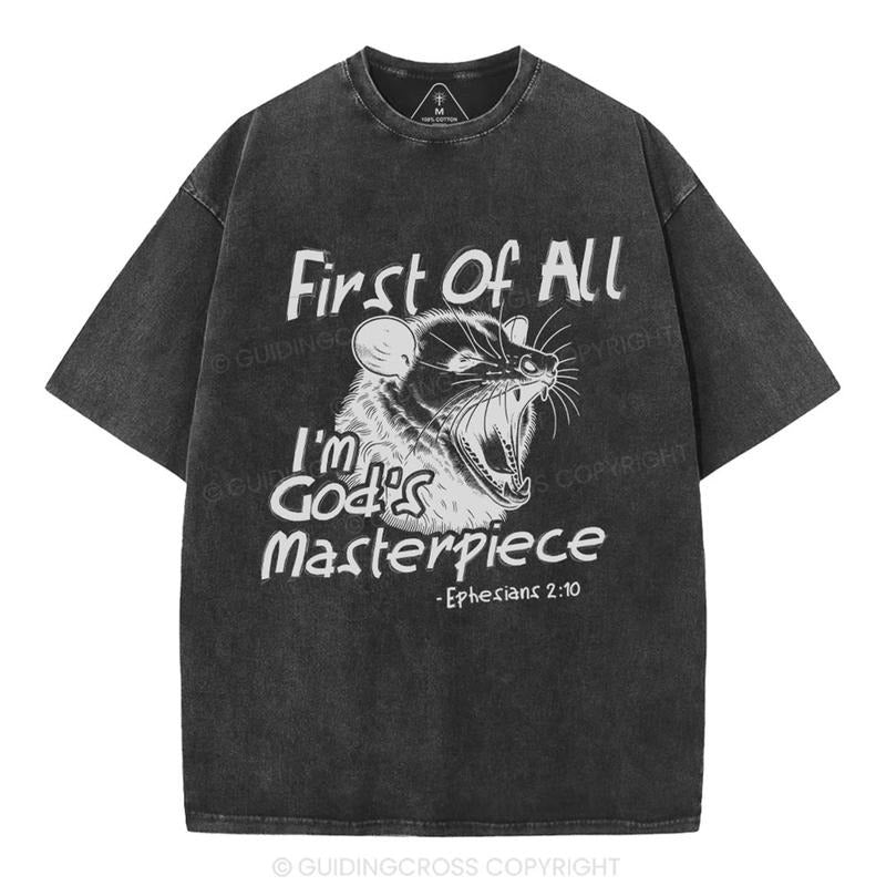 Mineral Wash  First Of All Im Gods Masterpiece Christian Washed TShirt Jesus Graphic Washed Style Shirt