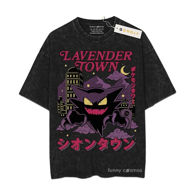 Mineral Wash  Gengar Lavender Town Vintage Tee, Gengar TShirt, PKM Graphic Washed Style Shirtstyle{n002}2