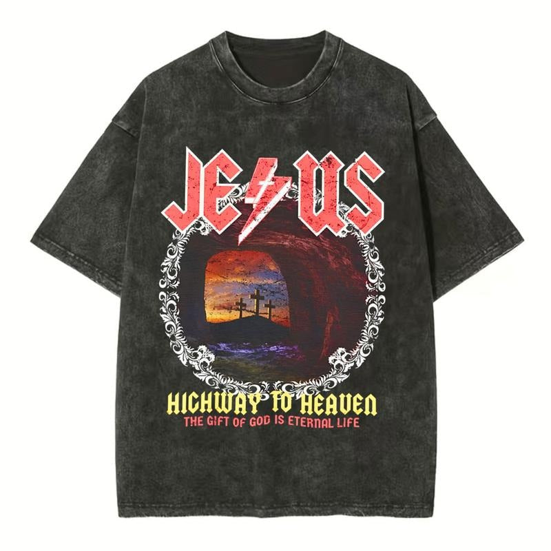 Mineral Wash  Jesus Highway To Heaven Chirstian Washed TShirt Jesus Graphic Washed Style Shirt