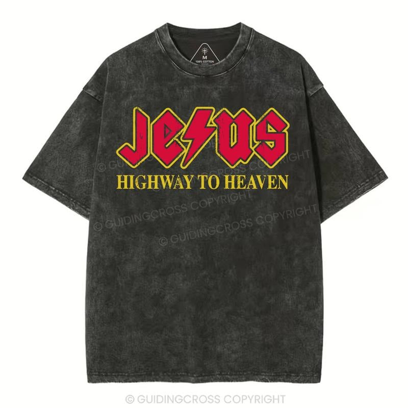 Mineral Wash  Jesus Highway To Heaven Christian Washed TShirt Jesus Graphic Washed Style Shirt