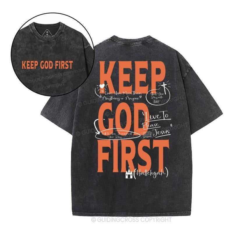 Mineral Wash  Keep God First Christian Washed TShirt Jesus Graphic Washed Style Shirt