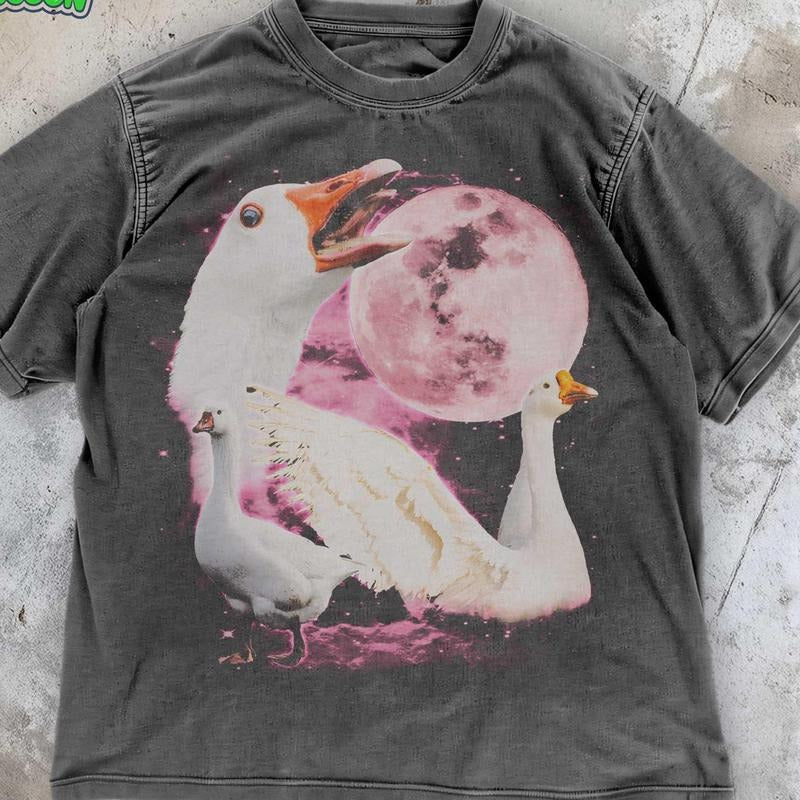 Mineral Wash  Mystical Goose Moon TShirt , Vintage Goose In Space Shirt , Celestial Night Sky Animal Shirt , Unhinged Meme Tee , Weird Animal Washed Gift