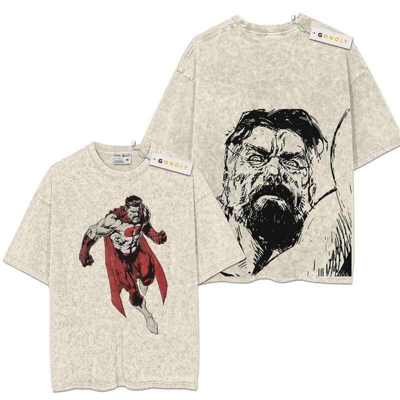Mineral Wash  Nolan Grayson, OmniMan Invincible Anime Double Printed Washed Tee Unisex Oversize Heavyweight Cotton TShirt For Anime Fans