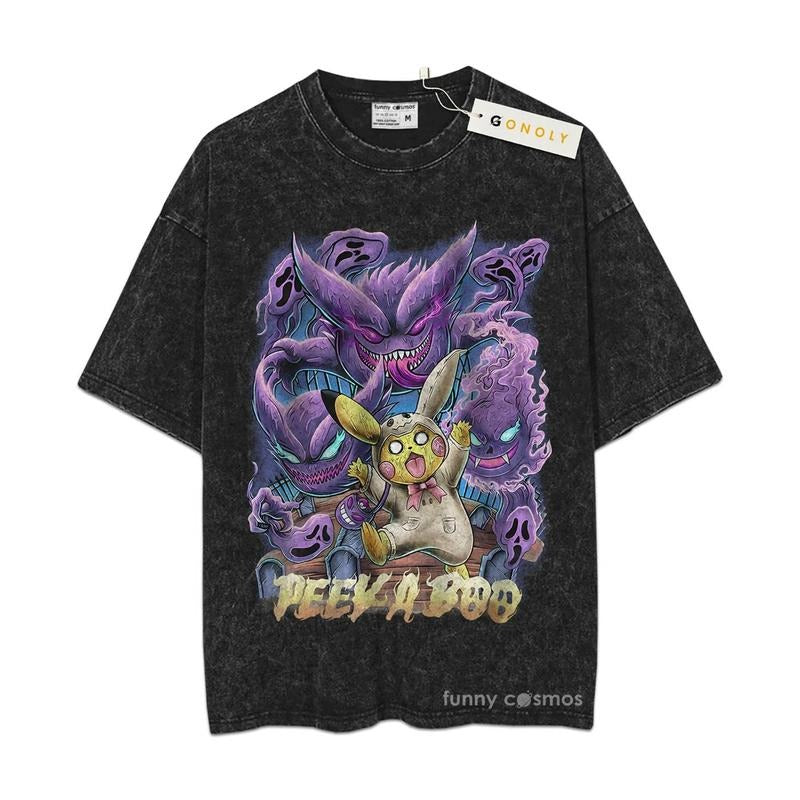 Mineral Wash  Peek A Boo Gengar, Pikachu, PKM Fan Anime Shirt, Graphic Washed Style Shirt