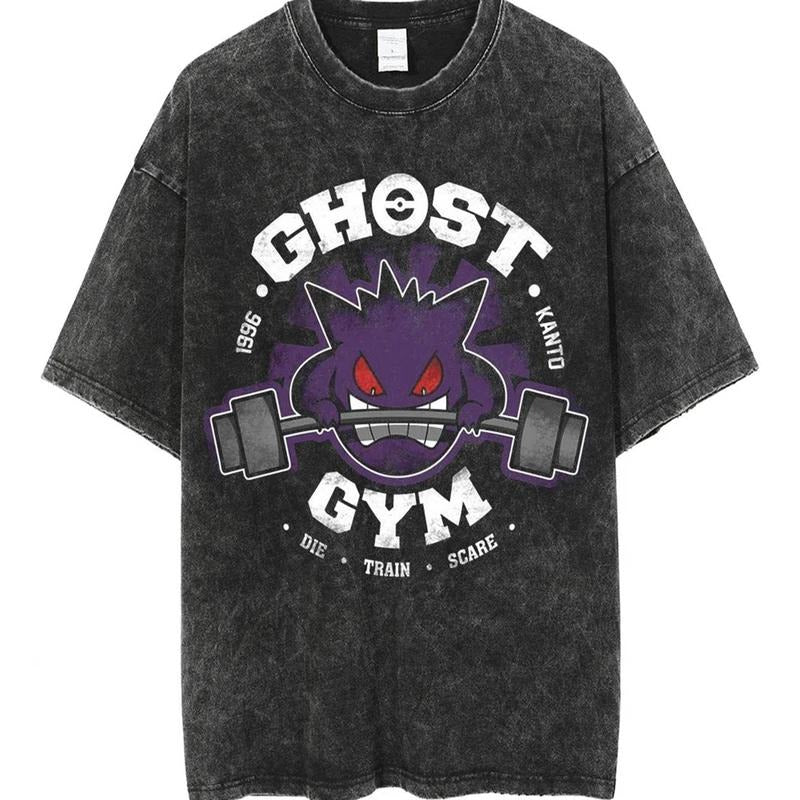 Mineral Wash  Retro PKM Gym Leader Tee Ghost Anime PKM Fan Lovers Streetwear & Washed Gym Style Shirt