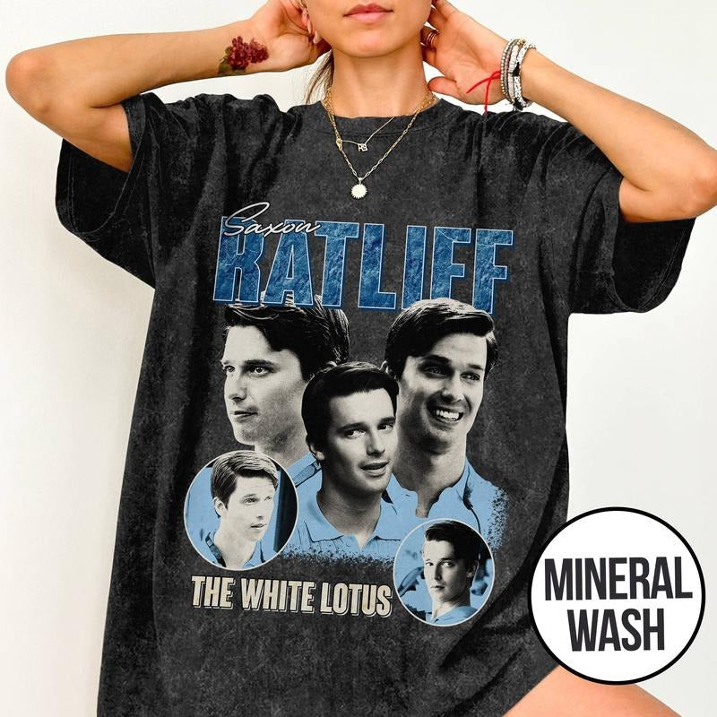 Mineral Wash  Saxon Ratliff Shirt, The White Lotus Movie, Bootleg Rap Style Graphic Washed Shirt