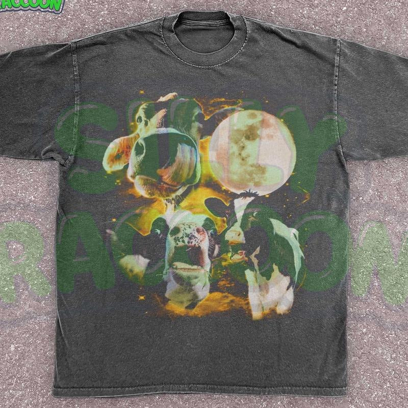 Mineral Wash  Three Cow Moon Unisex Shirt, Surreal Cosmic Animal TShirt, Space Cows Moon Graphic Tee, Weird Farm Shirt, Absurdist Meme Tee, Farmer Washed Gift
