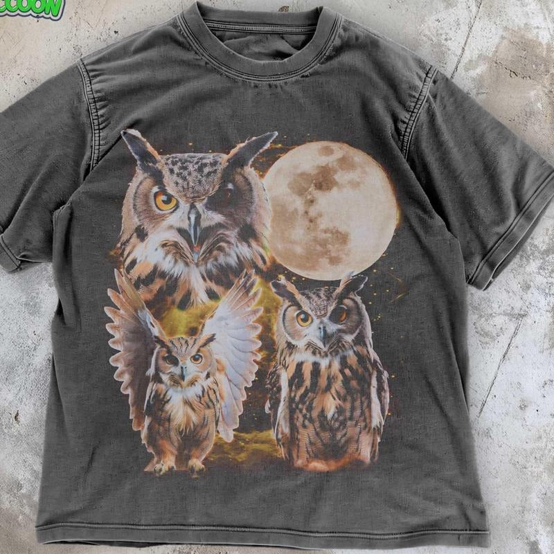 Mineral Wash  Three Owls Retro TShirt , Celestial Wildlife Shirt , Graphic Moon Phase , Vintage Owl Lover Washed Gift , Nocturnal Bird Distressed Tee