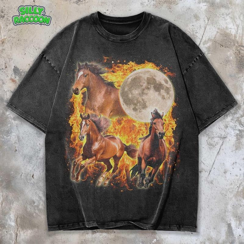 Mineral Wash  Wild Horse Vintage ed TShirt , Fire Stallion Graphic Tee , Moonlit Grunge Tee For Western Horse Lovers & Spirit Animal Washed Gifts