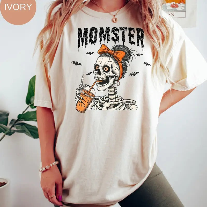 Momster Skeleton Mom Halloween Comfort Color T-shirt Funny Mama Halloween Shirt Mom Spooky Season CoffeeCotton Polyester