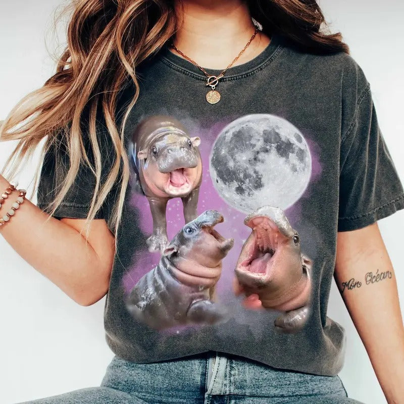 Moo Deng With The Moon Shirt,, Cute Baby Hippo Moo Deng Bouncy Pig in Thai Hippopotamus Shirt,  Funny Hippo Shirt Cotton Light Top Womenswear Polyester Solid