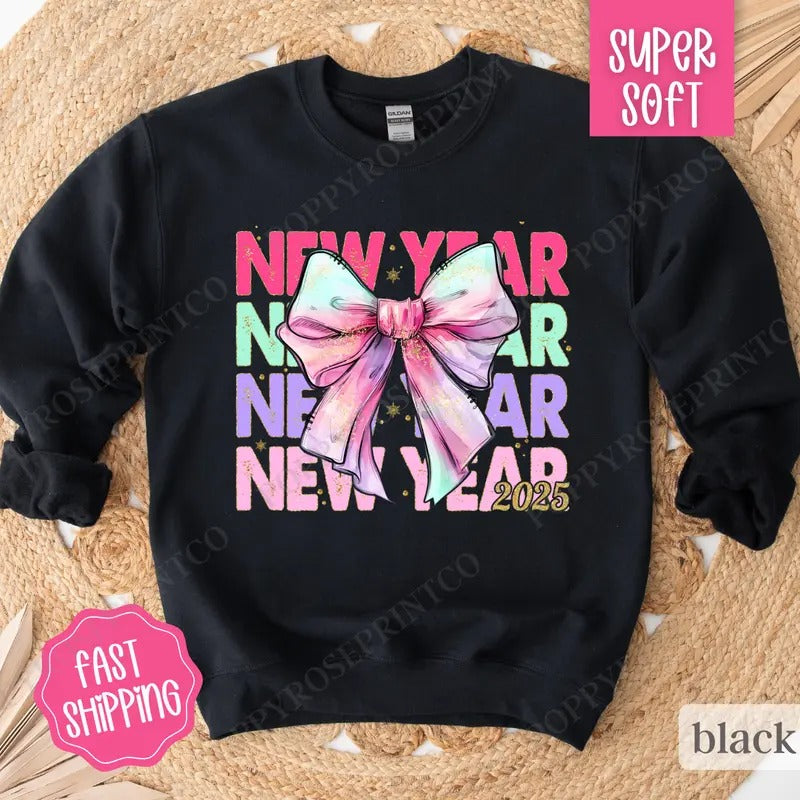 New Year Bow Sweatshirt, NYE 2025 Crewneck,  Happy New Year Sweater