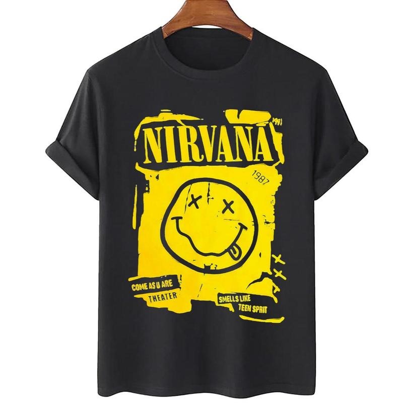 Nirv4na Yellow Iconic Smiley Face T-Shirt, Kurt C0bain Shirt, Grunge Band Tee, 90s Festival Clothes, American Rock Band, Concert Merch, Unisex T-Shirt, Gifts For Men Women, Short Sleeve Tee Shirt