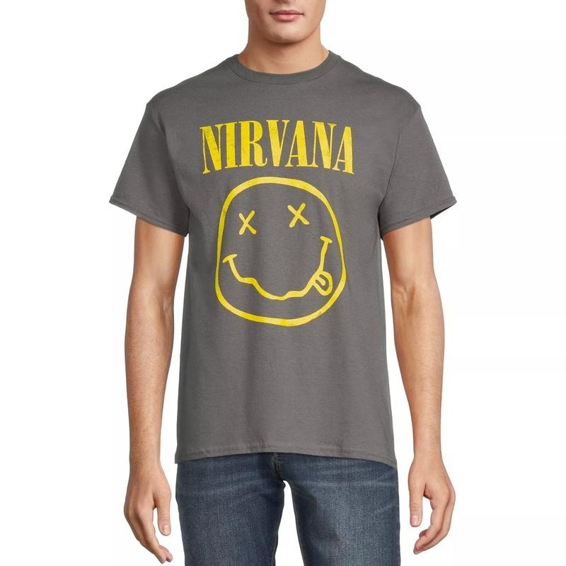 Nirvana Men's Smiley Logo Graphic Print Tee- Charcoal Grey with Yellow Graphic