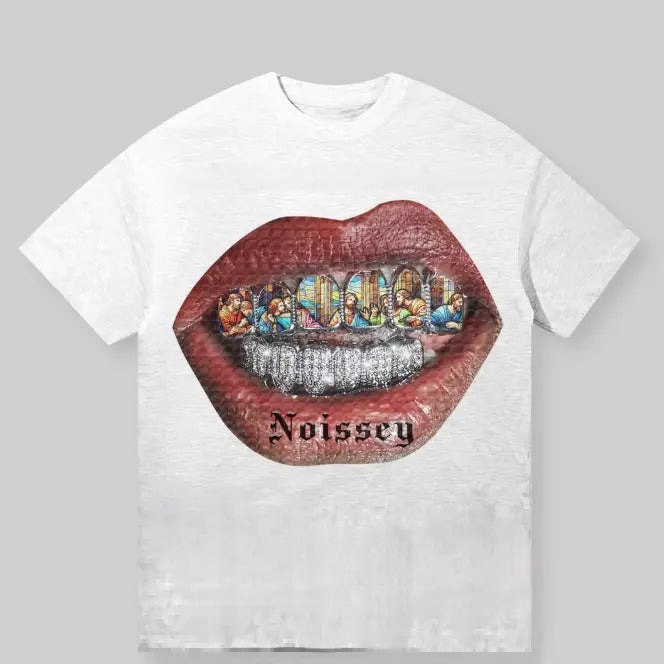 Noissey Grillz with Stained Glass Design T-Shirt, Religious Iconography and Diamond Grillz Art, Bold Graphic Tee, Trendy Lips with Gold and Gemstone Teeth, Streetwear Shirt