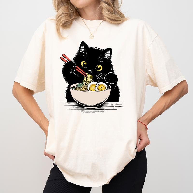Noodle Cat Comfort Colors Shirt, Cute Black Cat With Ramen Graphic Tee, Cat Lover Unisex Unhinged Tees, Anime Lover T-shirt