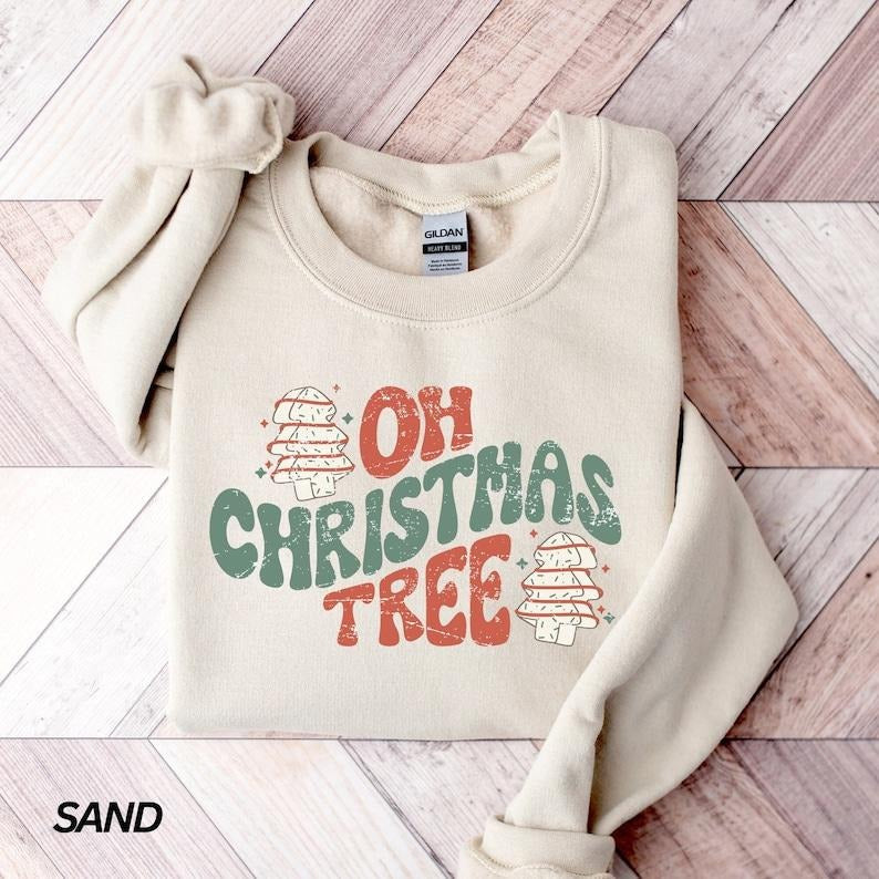 Oh Christmas Tree Sweatshirt, Tree Cake Sweatshirt, Holiday Fashion, Funny Christmas Sweatshirt, Retro Christmas Shirt, Trendy Crewneck, Hoodie and Sweater; T-shirt Cotton Menswear