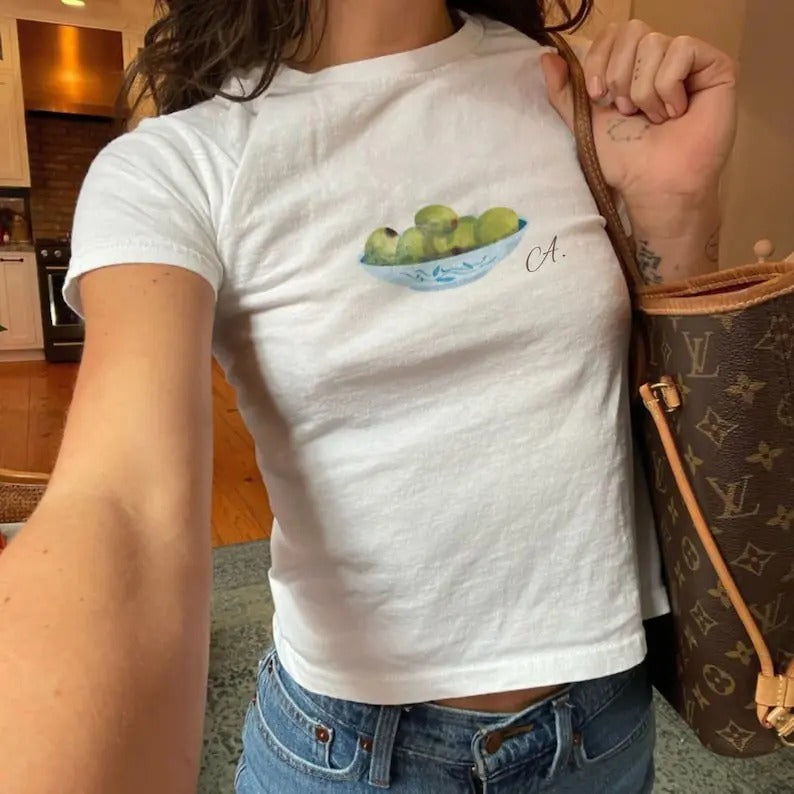 Olive Bowl Painted Baby Tee, Trending Womens Tshirt, Back to School gift, Coastal Summer Retro Boxy Graphic Shirt for her