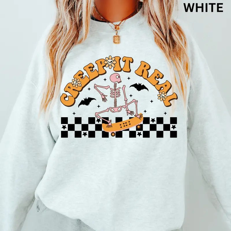 Oversized Halloween Crewneck Sweatshirt, Creep it Real Skater Crewneck, Retro Sweatshirt Graphic Oversized Halloween Graphic Crewneck, Cotton Pullover Spooky Season Sweater