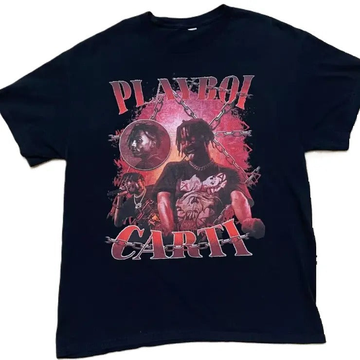 PLAYBOI Red Rap Graphic Short Sleeve Black T-Shirt Men's and Women's, Daily Casual, Grahpic tees, Cotton T-Shirt, Crew Neck T-Shirt, Gift for Him, Gift for Her, Perfect for Fans, Womenswear Top