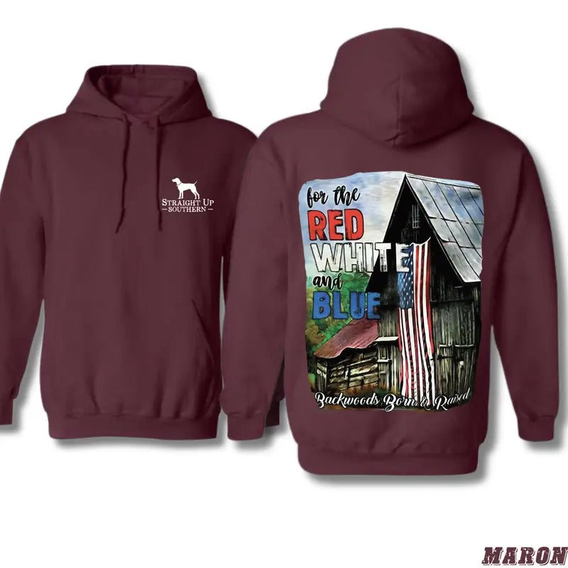 Patriotic Barn Hoodie - Red, White, and Blue Flag Graphic with Rustic Barn and Country Vibe, Perfect for Backwoods Born and Raised Fans, Unisex Hoodie for Daily Comfort Menswear Sweaters