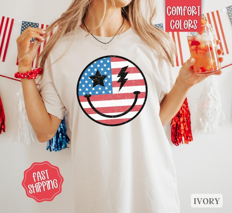 Patriotic Happy Face Shirt Comfort Colors, July 4th Shirt, USA Oversized Graphic Tshirt, America Tshirts