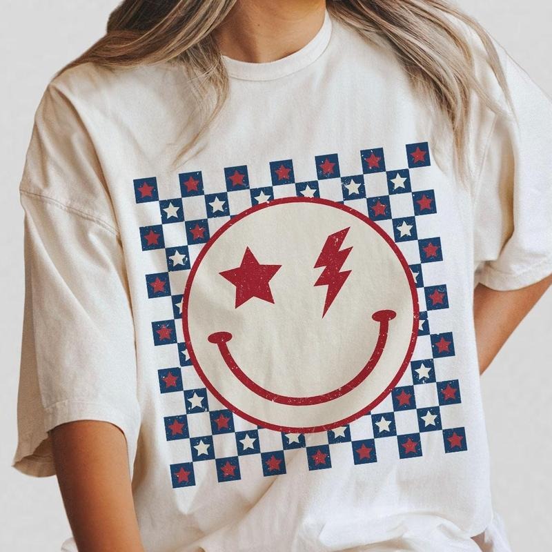 Patriotic Smiley Face Shirt, 4th Of July T-Shirt, USA Flag Star and Lightning Bolt Design, Independence Day Celebration Tee, Retro American Pride Shirt, Women's Casual Wear, Comfortable Summer Top, Fourth Of July Outfit